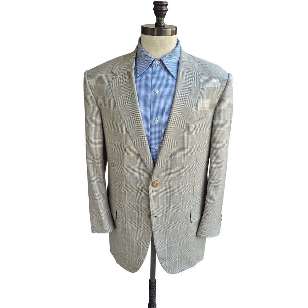 Oxxford Clothes Silk Super 120s Wool Plaid Sport Coat Blazer Sz 44 R Tan Beige